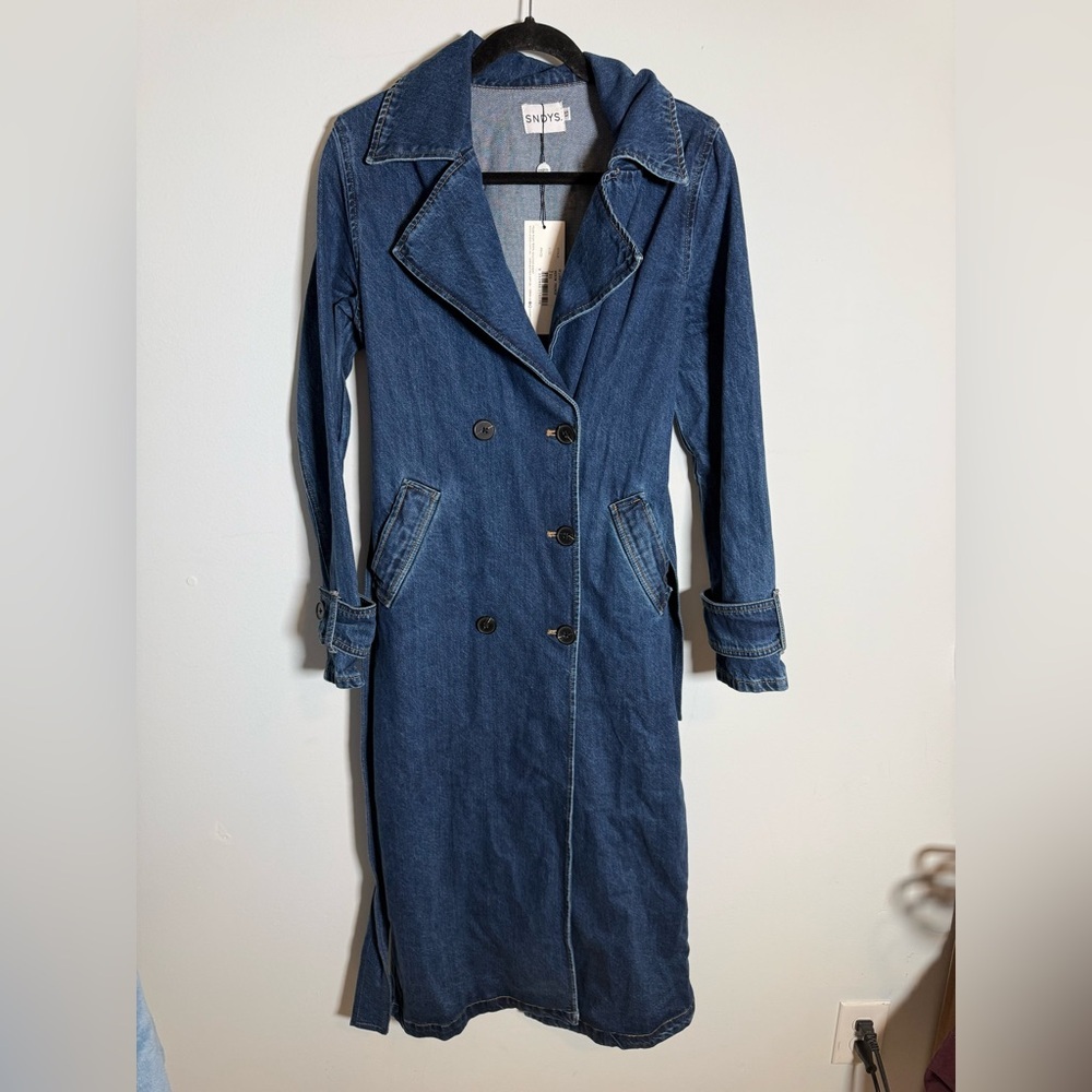 SNDYS Dark‎ Denim Trench Coat XS NWT 100% Cotton Belted Long Jacket